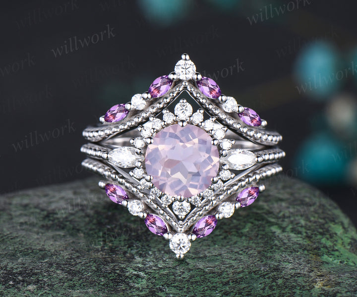 Vintage Round Cut Lavender Amethyst Engagement Ring Set Antique February Birthstone Purple Crystal Moissanite Halo Ring Milgrain 3pcs Bridal Ring Set