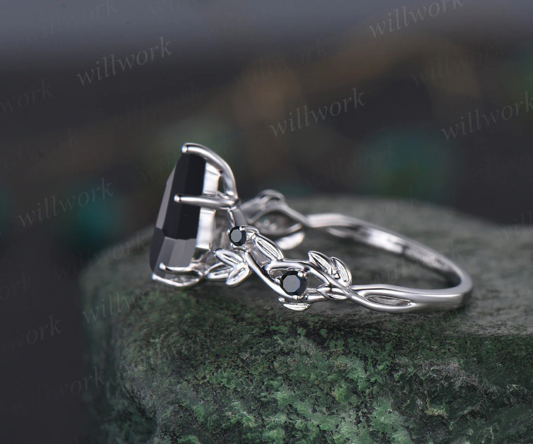 Twig Black Oynx ring vintage kite cut Black Oynx engagement ring nature inspired rose gold ring leaf anniversary ring women unique wedding ring