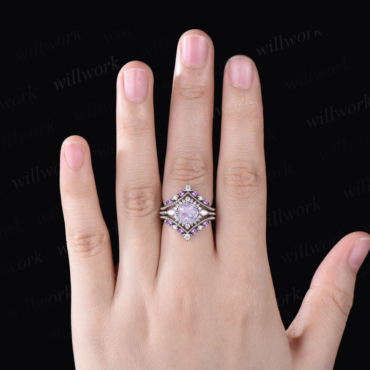 Vintage Round Cut Lavender Amethyst Engagement Ring Set Antique February Birthstone Purple Crystal Moissanite Halo Ring Milgrain 3pcs Bridal Ring Set