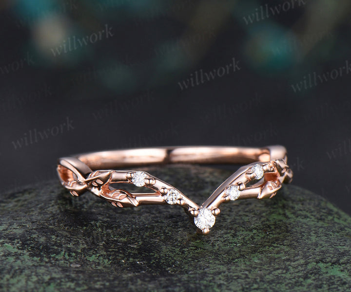 Curved moissanite wedding band leaf split shank stackable ring diamond wedding band for women gifts for her