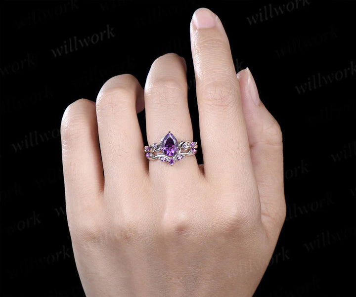 Nature Inspired Pear Amethyst Bridal Set Twisted Unique Twig Vine Teardrop Engagement Ring Set women