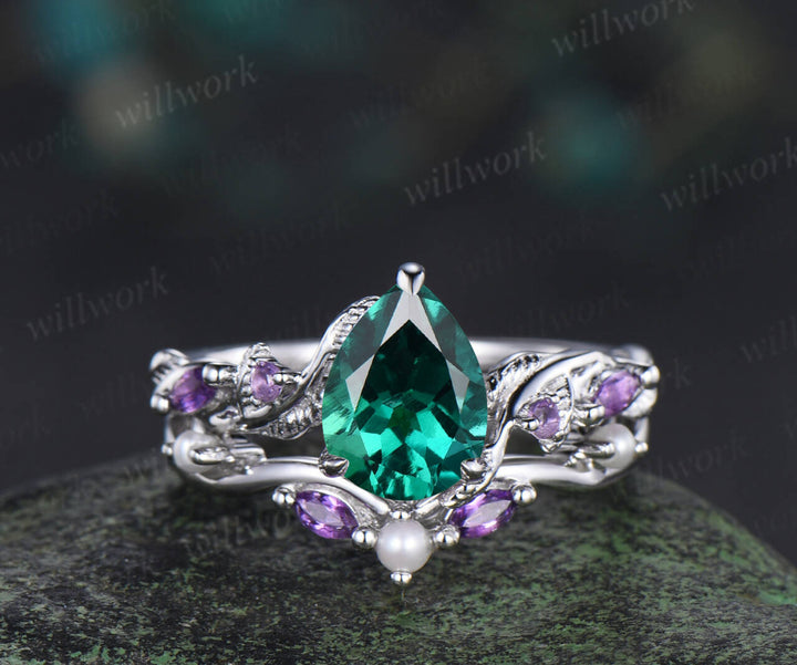 Nature Inspired Pear green emerald pearl Bridal Set 14k black gold Unique Twig Vine Teardrop Engagement Ring Ring Set women