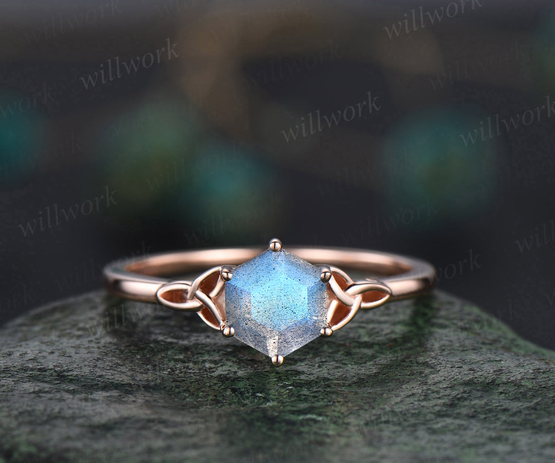 Hexagon labradorite engagement ring set unique trinity ring art deco moissanite wedding band unique bridal ring wedding ring set anniversary gifts