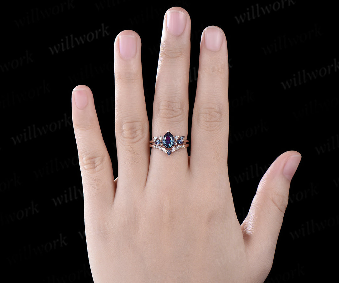 Pear cut Alexandrite engagement ring solid 14k rose gold cluster snowdrift diamond stacking wedding bridal ring set women