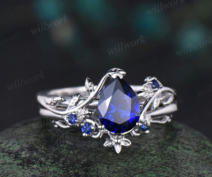 Pear cut sapphire engagement ring set vintage leaf nature inspired bridal set 14k white gold anniversary gift
