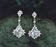 Enchanting kite cut moss agate earrings kite moissanite halo solid white gold earrings for women piercing jewelrys gifs for her