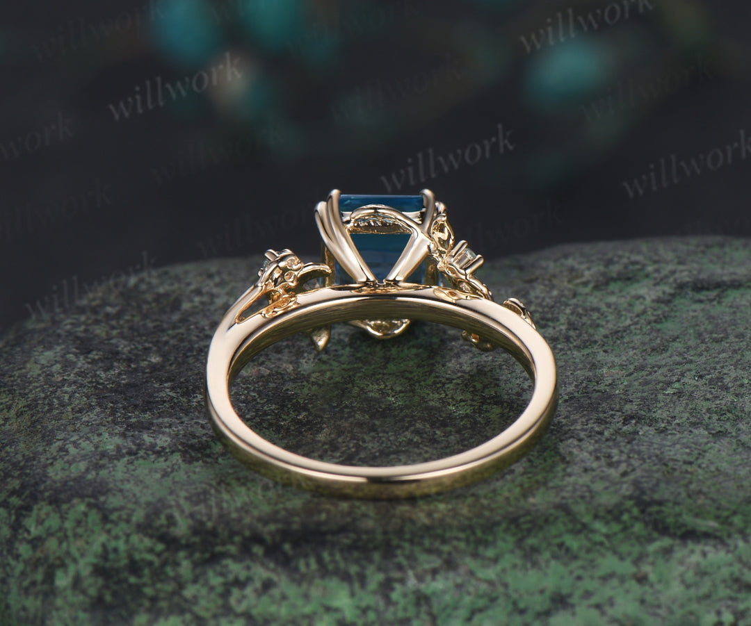 Asscher cut Swiss Blue topaz ring vintage yellow gold leaf nature inspired five stone unique engagement ring women gemstone gift