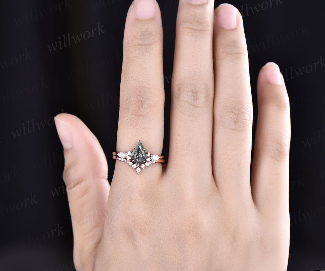 Kite cut black rutilated quartz ring engagement ring marquise rose gold 6 prong engagement ring women moissanite ring set promise ring set