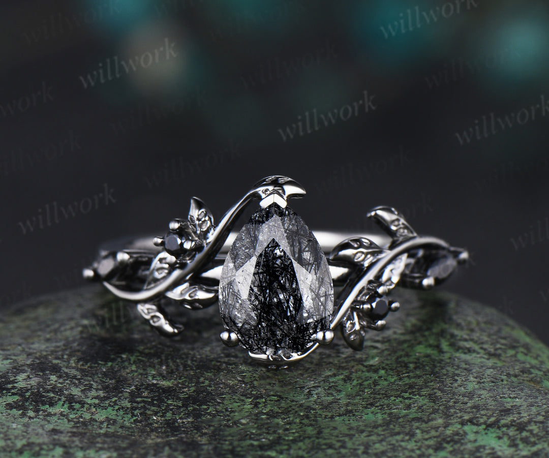 Antique Natural Black Rutilated Quartz Pear Engagement Ring Leaf Nature Inspired Black Spinel Diamond Ring Women Art Deco Black Promise Ring