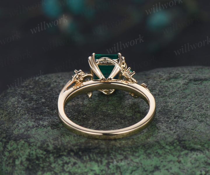 Asscher cut emerald ring vintage yellow gold branch leaf five stone unique engagement ring birthday anniversary wedding gift