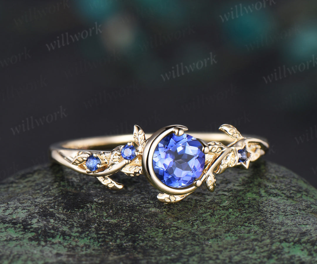 Moon Round cut natural Tanzanite Engagement Ring 14k yellow gold leaf star sapphire ring vintage vine branch unique wedding ring women jewelry
