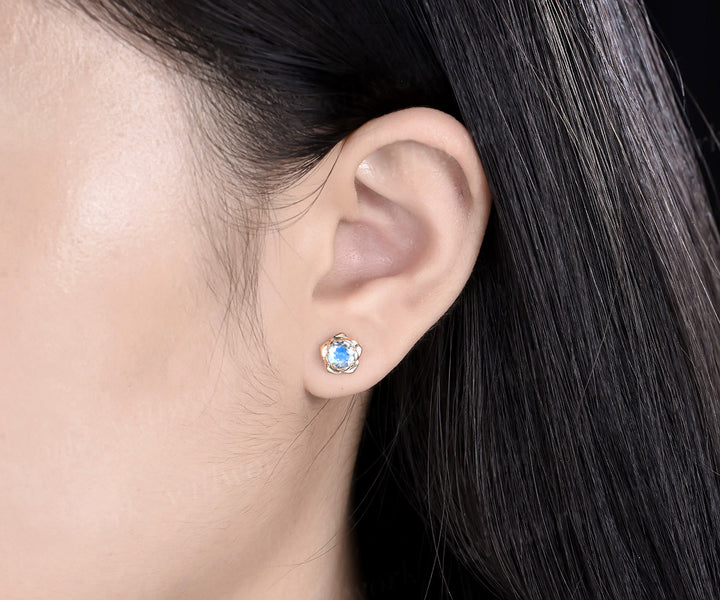 Round cut natural moonstone stud earrings 14k yellow gold Floral flower 5 prong art deco pierced earrings anniversary gift for women