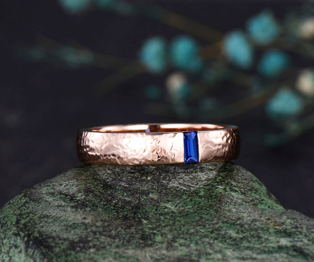 Mens Sapphire Wedding Band Baguette Cut Blue Sapphire Band 5mm Solid Rose Gold Mens Hammered Stacking Matching Band Retro Vintage Ring Gift