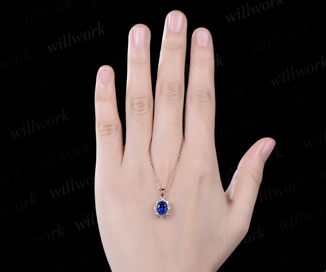 Vintage oval blue sapphire necklace solid 14k 18k rose gold halo snowdrift diamond pendant women September birthstone anniversary gift jewelry