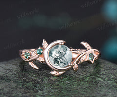 READY TO SHIP: Round Green Moss Agate Bridal Ring - Sterling Silver - Ring Size: 7.5 US