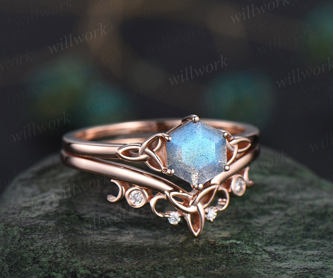 Hexagon labradorite engagement ring set unique trinity ring art deco moissanite wedding band unique bridal ring wedding ring set anniversary gifts