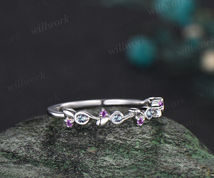 Unique Natural Amethyst Alexandrite Wedding Band Leaf 14k Rose Gold Stacking Vintage Dainty Wedding Ring Band Women Anniversary Ring Gift