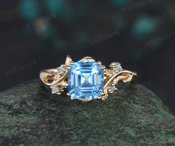 Asscher cut Swiss Blue topaz ring vintage yellow gold leaf nature inspired five stone unique engagement ring women gemstone gift