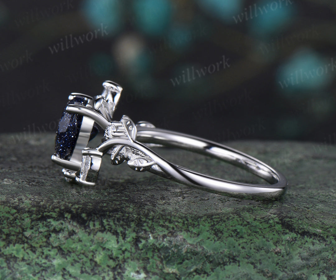 Vintage heart blue sandstone engagement ring white gold twig leaf Nature inspired marquise diamond anniversary ring women gift