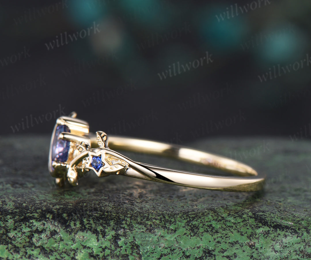 Moon Round cut natural Tanzanite Engagement Ring 14k yellow gold leaf star sapphire ring vintage vine branch unique wedding ring women jewelry