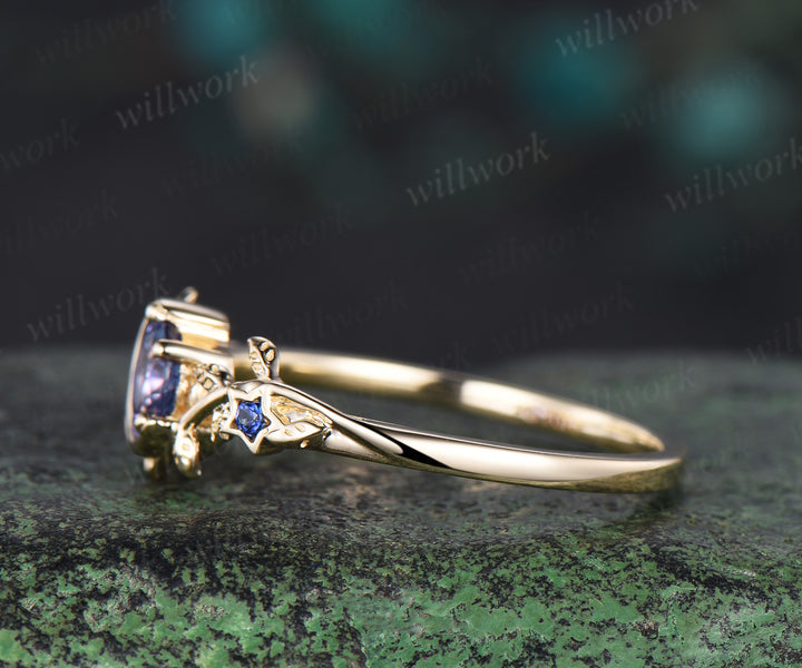 Moon Round cut natural Tanzanite Engagement Ring 14k yellow gold leaf star sapphire ring vintage vine branch unique wedding ring women jewelry