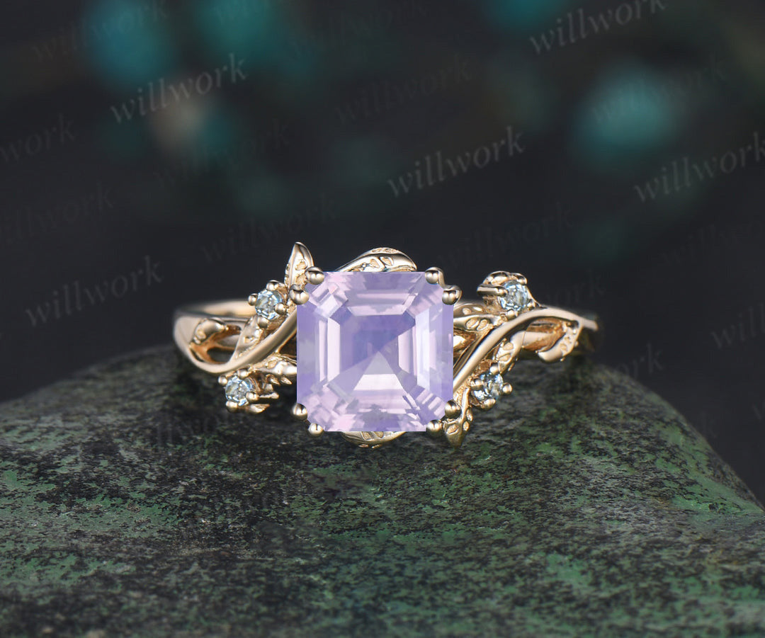 Asscher cut lavender amethyst engagement ring swiss blue topaz leaf branch ring unique nature inspired wedding ring for women