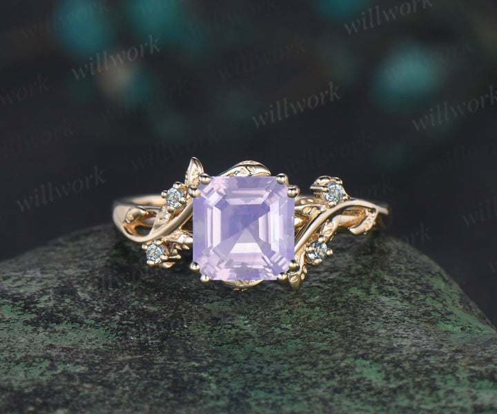 Asscher cut lavender amethyst engagement ring swiss blue topaz leaf branch ring unique nature inspired wedding ring for women