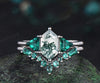 Long hexagon cut moss agate engagement ring 14k white gold three stone Trilliant Baguette emerald bridal ring set women