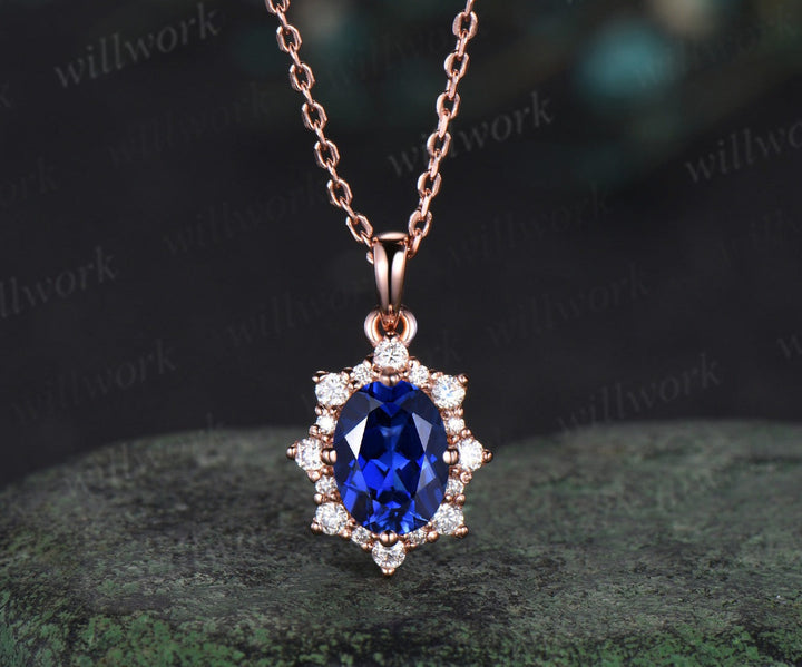 Vintage oval blue sapphire necklace solid 14k 18k rose gold halo snowdrift diamond pendant women September birthstone anniversary gift jewelry