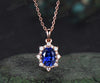 Vintage oval blue sapphire necklace solid 14k 18k rose gold halo snowdrift diamond pendant women September birthstone anniversary gift jewelry