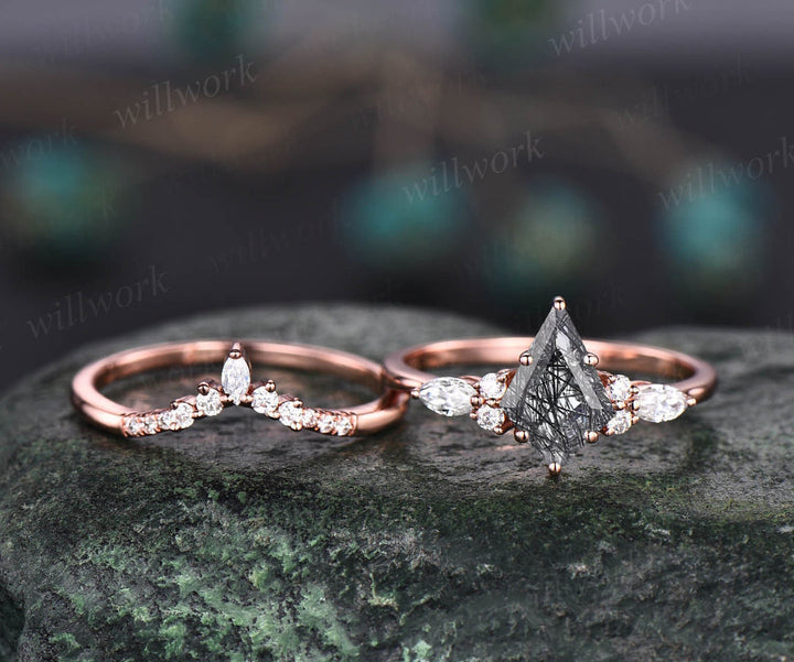 Kite cut black rutilated quartz ring engagement ring marquise rose gold 6 prong engagement ring women moissanite ring set promise ring set