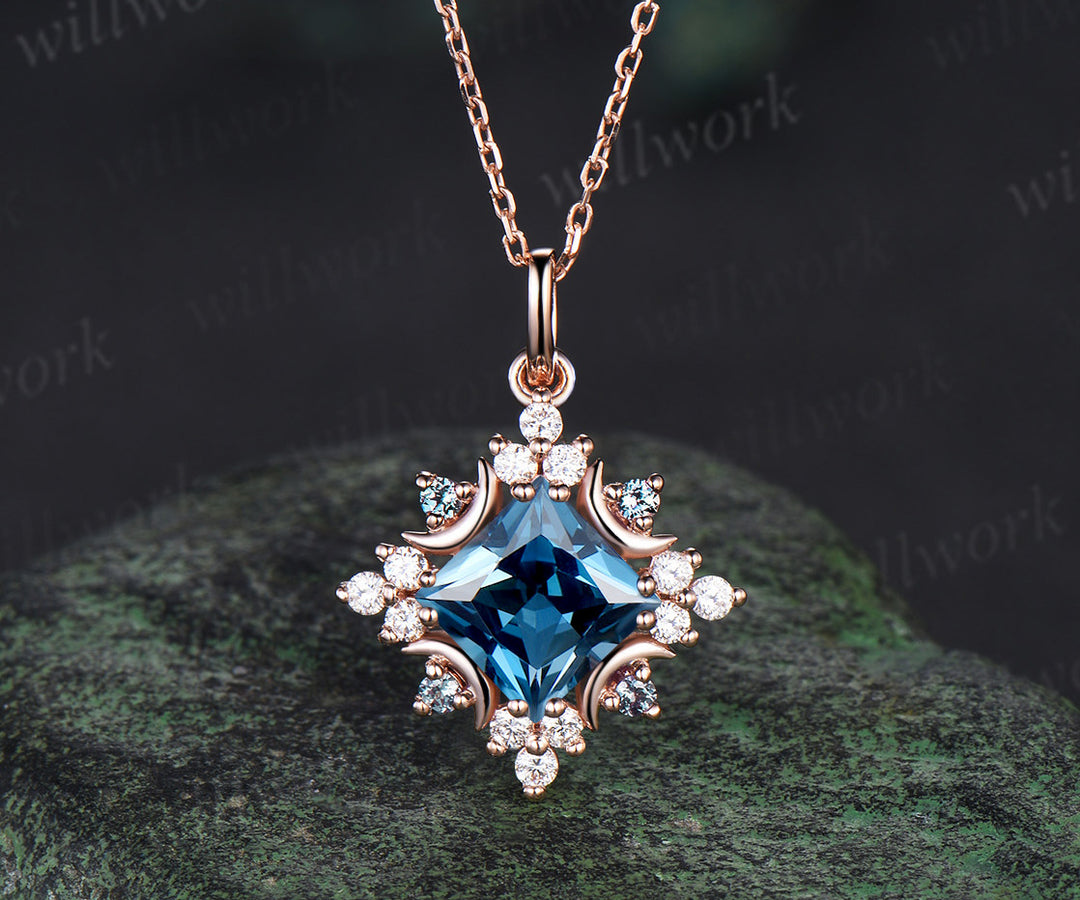 Celestial Moon Pendant Necklace Vintage Princess London Blue Topaz Necklace Square December Birthstone Pendant 14k Rose Gold