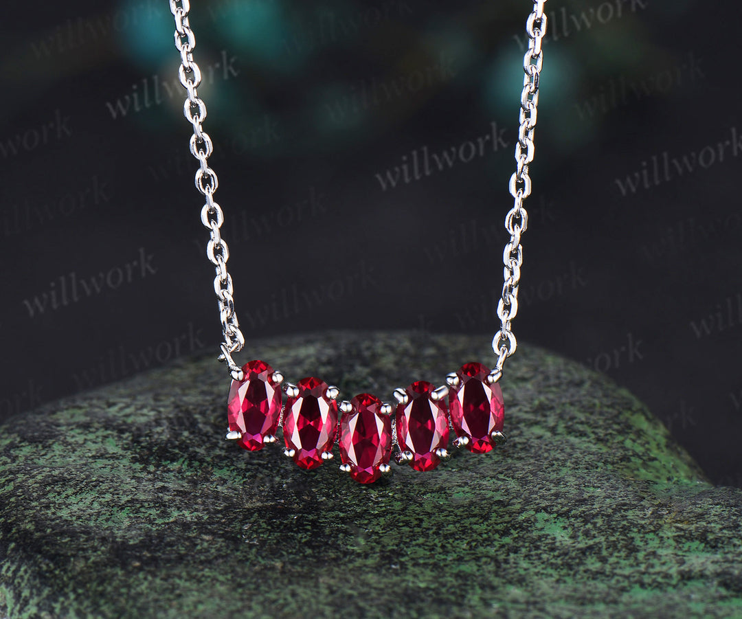 Five stone oval red ruby necklace solid 14k white gold Pendant For Women Anniversary Gifts jewelry