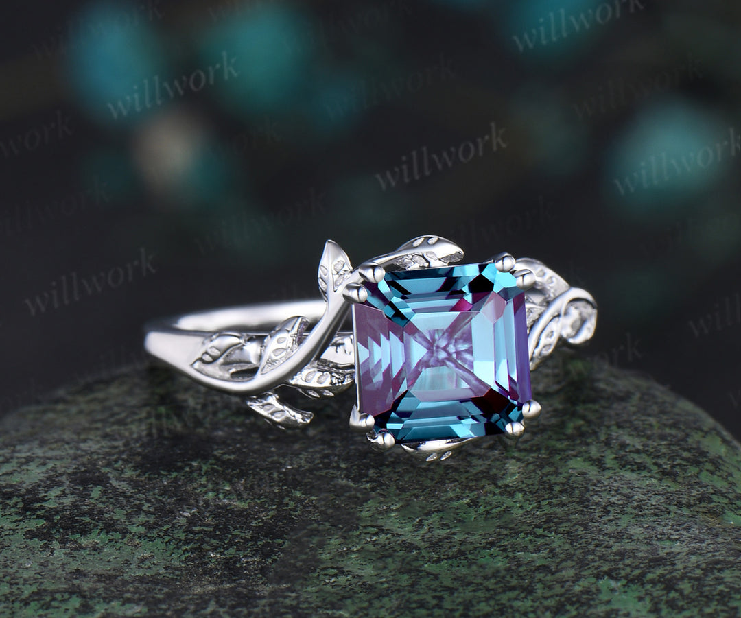 Asscher cut Alexandrite engagement ring 14k rose gold leaf branch Nature inspired solitaire promise wedding anniversary ring for women gift