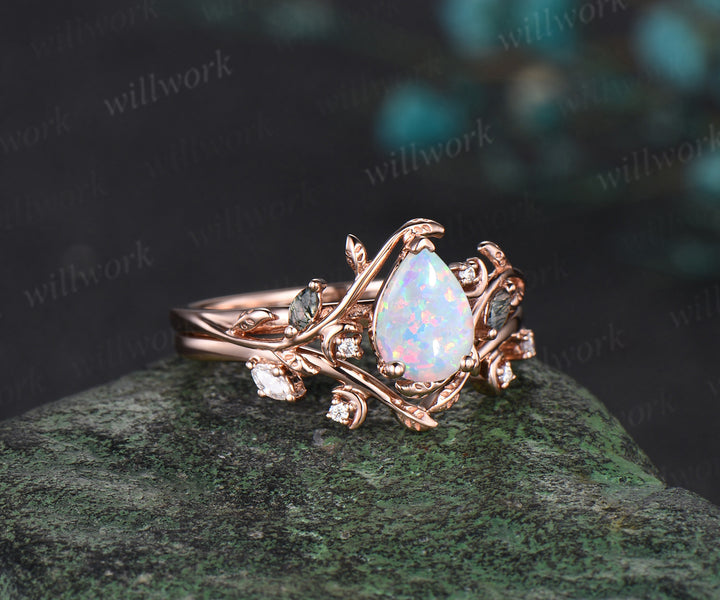 Vintage pear White Opal engagement ring rose gold art deco cluster leaf nature inspired bridal promise wedding ring set women
