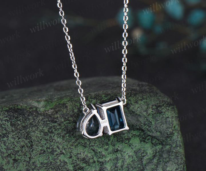 Emerald pear shaped necklace alexandrite natural moss agate necklace with 14k 18k solid gold two stone pendant women anniversary gift mother