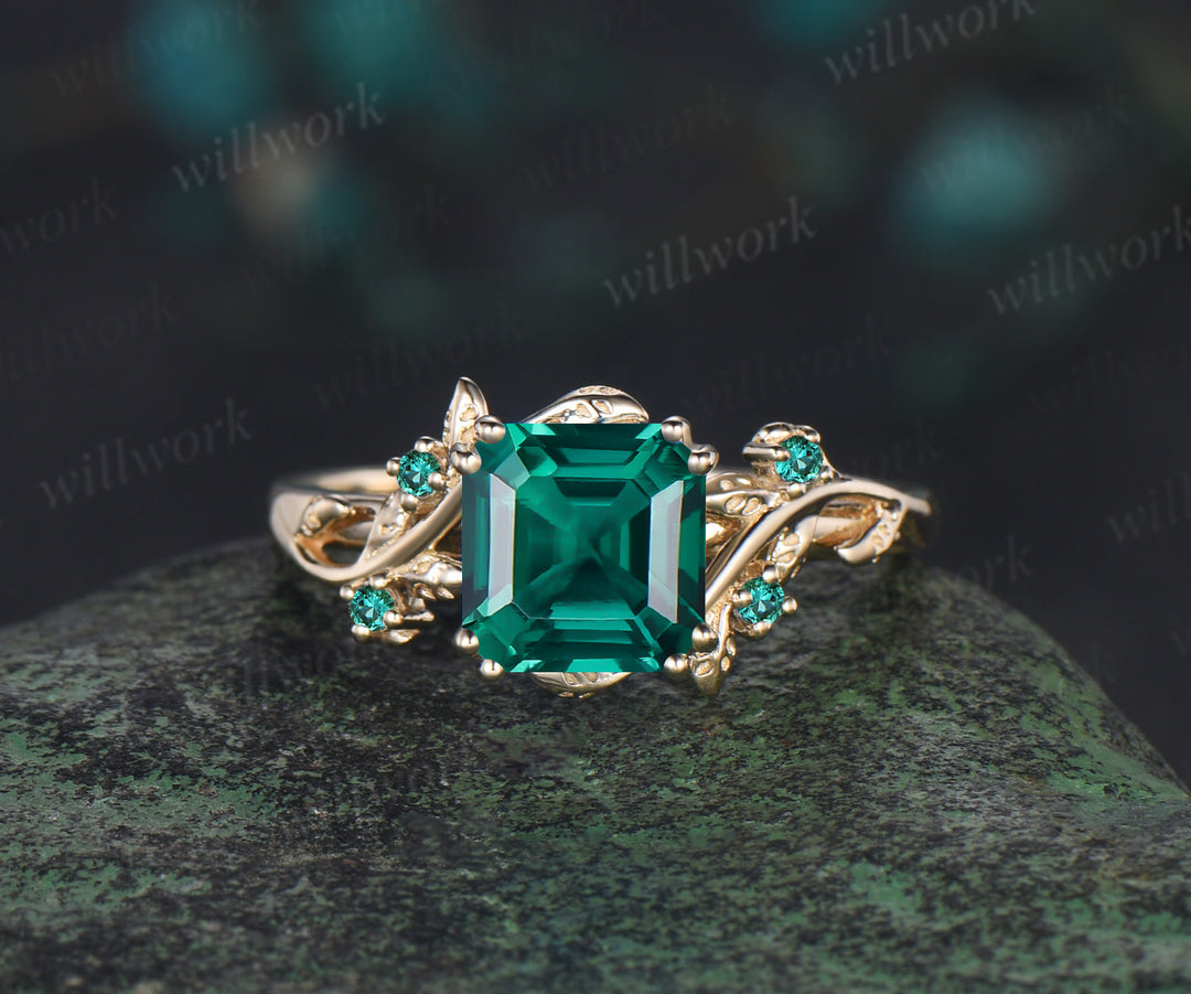 Asscher cut emerald ring vintage yellow gold branch leaf five stone unique engagement ring birthday anniversary wedding gift
