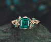 Asscher cut emerald ring vintage yellow gold branch leaf five stone unique engagement ring birthday anniversary wedding gift