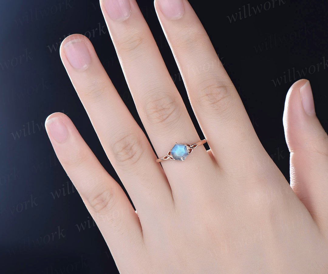 Hexagon labradorite engagement ring set unique trinity ring art deco moissanite wedding band unique bridal ring wedding ring set anniversary gifts