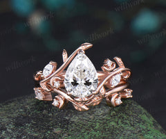 Pear IGI Certified Lab Grown Diamond Engagement Ring Nature Inspired Leaf Moon Wedding Bridal Ring Set