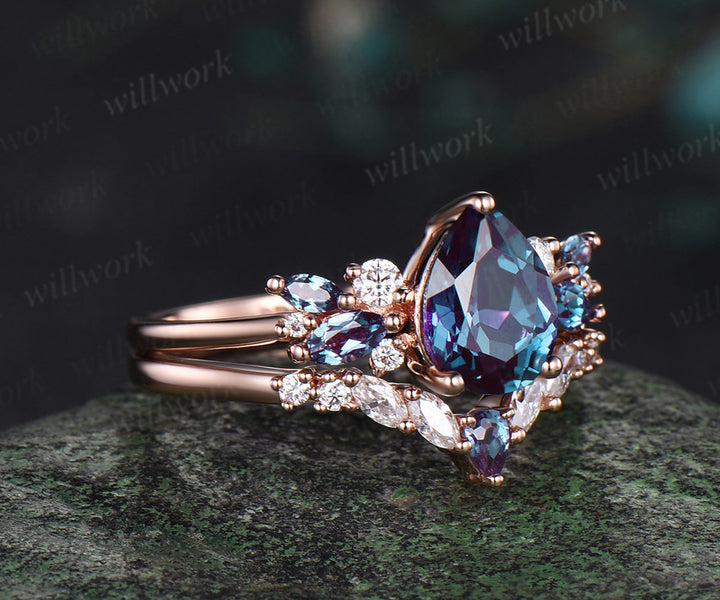 Pear cut Alexandrite engagement ring solid 14k rose gold cluster snowdrift diamond stacking wedding bridal ring set women