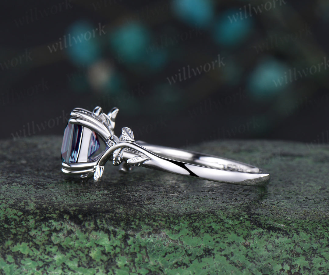Asscher cut Alexandrite engagement ring 14k rose gold leaf branch Nature inspired solitaire promise wedding anniversary ring for women gift