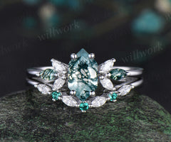 Long hexagon cut moss agate engagement ring set white gold cluster marquise diamond ring women emerald stacking anniversary gift