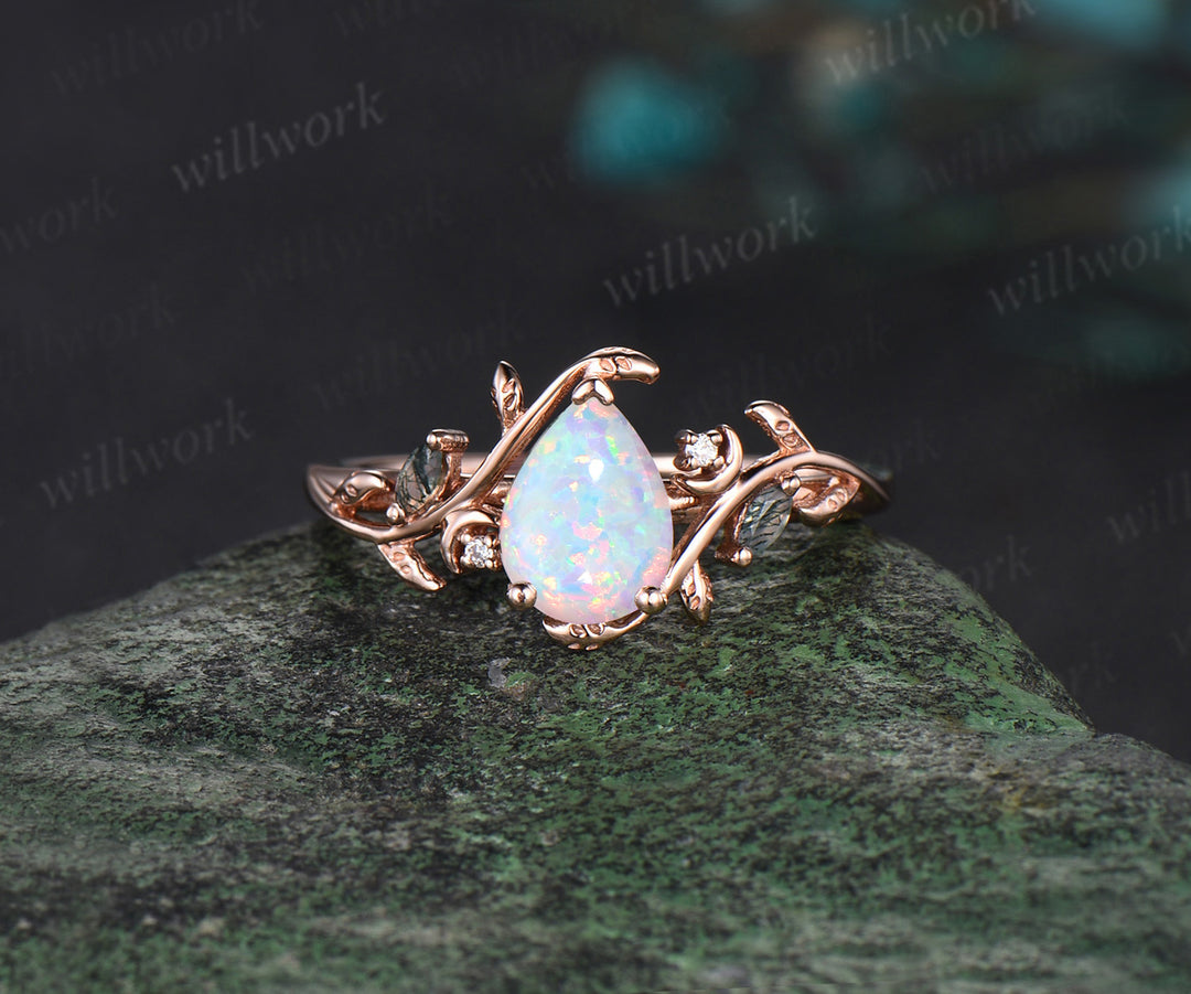 Vintage pear White Opal engagement ring rose gold art deco cluster leaf nature inspired bridal promise wedding ring set women