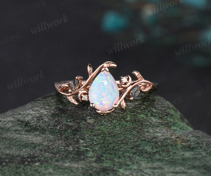 Vintage pear White Opal engagement ring rose gold art deco cluster leaf nature inspired bridal promise wedding ring set women