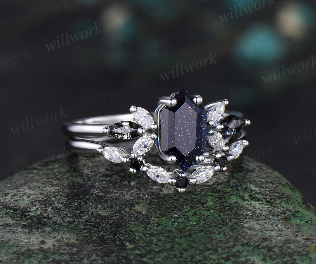 Long hexagon blue sandstone engagement ring 14k white gold cluster black rutilated quartz diamond anniversary wedding ring set women gift
