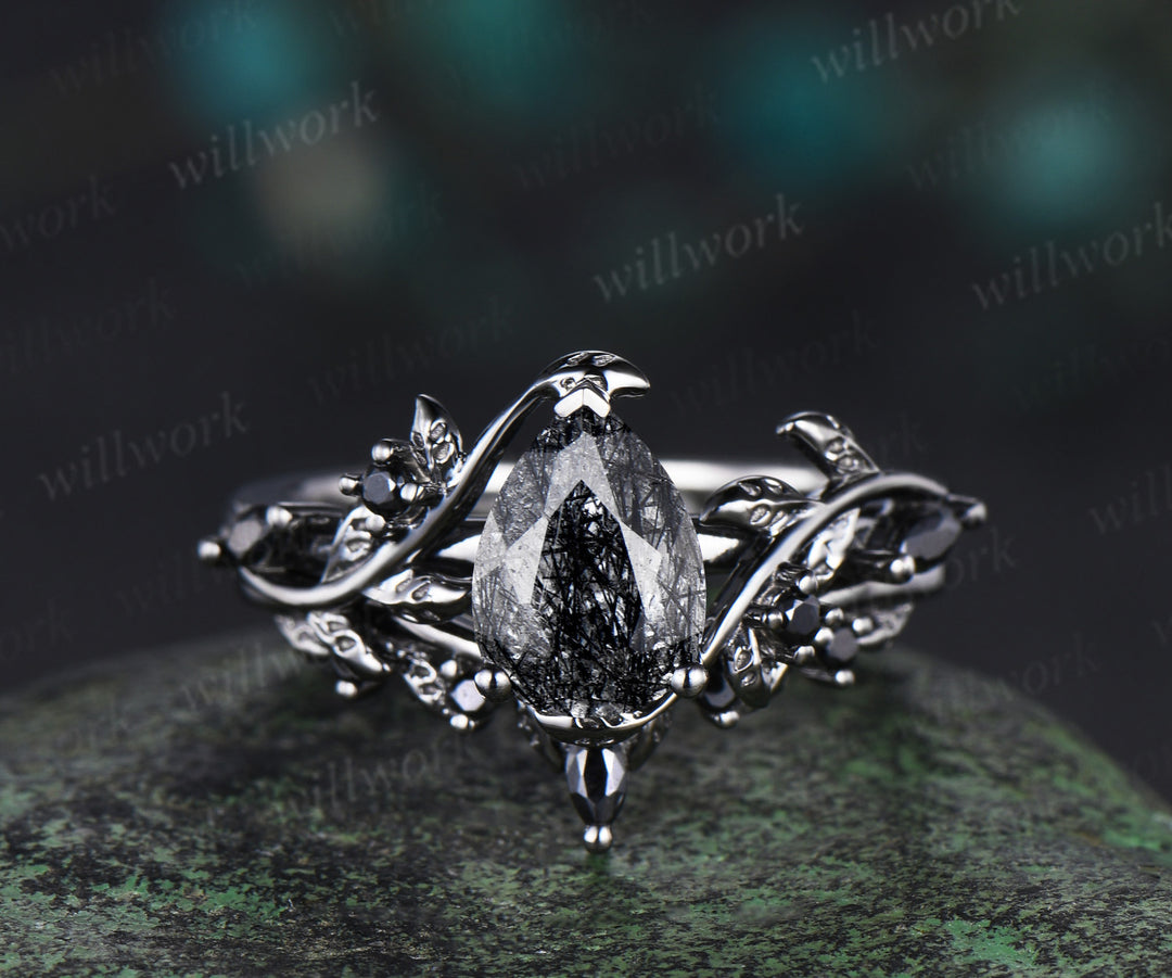 Antique Natural Black Rutilated Quartz Pear Engagement Ring Leaf Nature Inspired Black Spinel Diamond Ring Women Art Deco Black Promise Ring