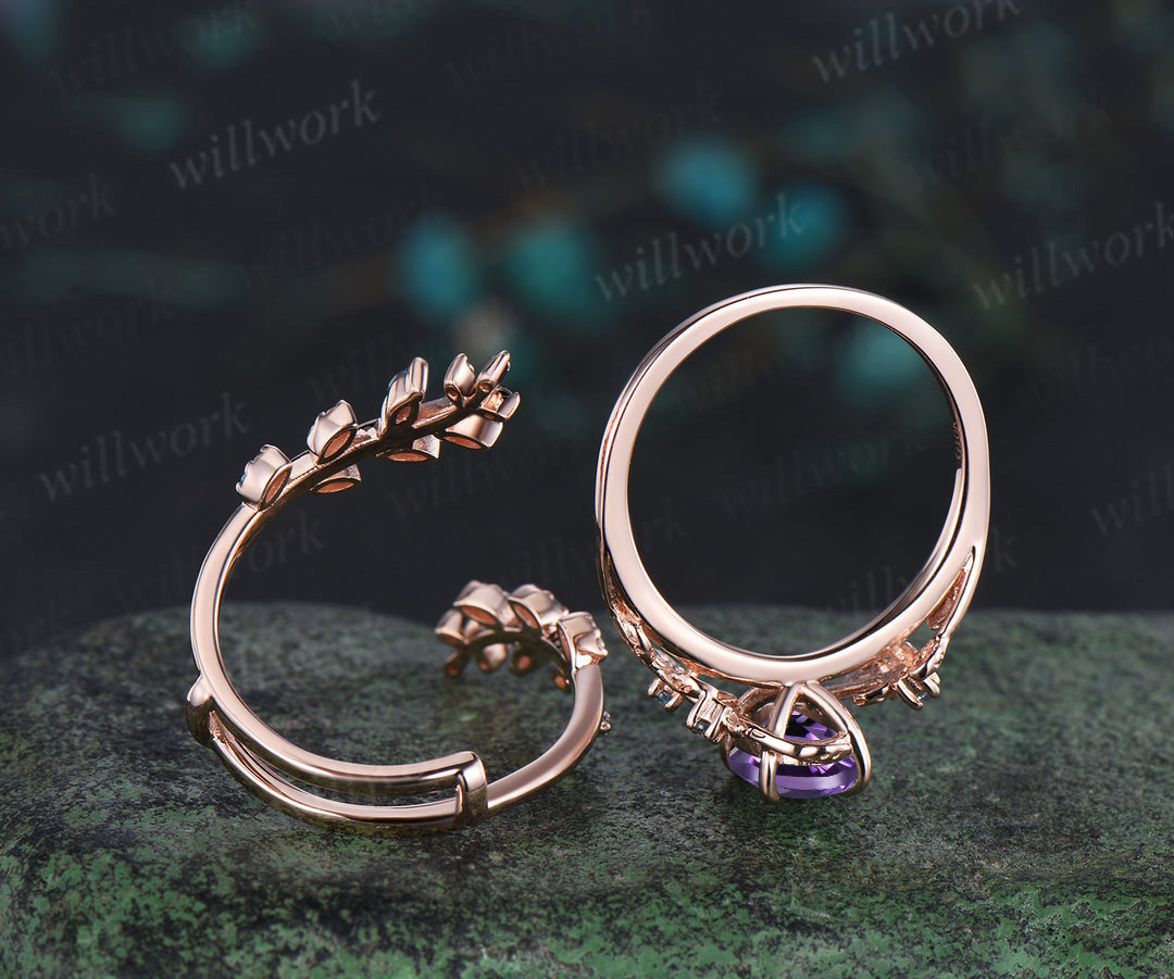 Vintage oval amethyst engagement ring nature inspired leaf amethyst ring wedding band enhancer twisted bridal ring set women