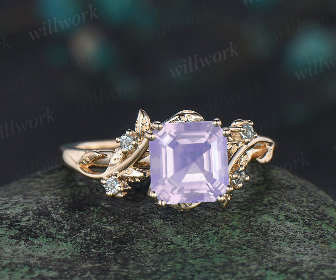Asscher cut lavender amethyst engagement ring swiss blue topaz leaf branch ring unique nature inspired wedding ring for women