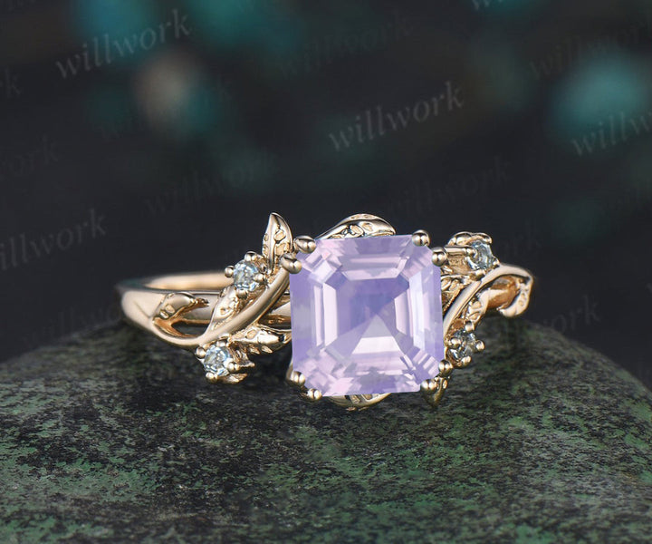 Asscher cut lavender amethyst engagement ring swiss blue topaz leaf branch ring unique nature inspired wedding ring for women